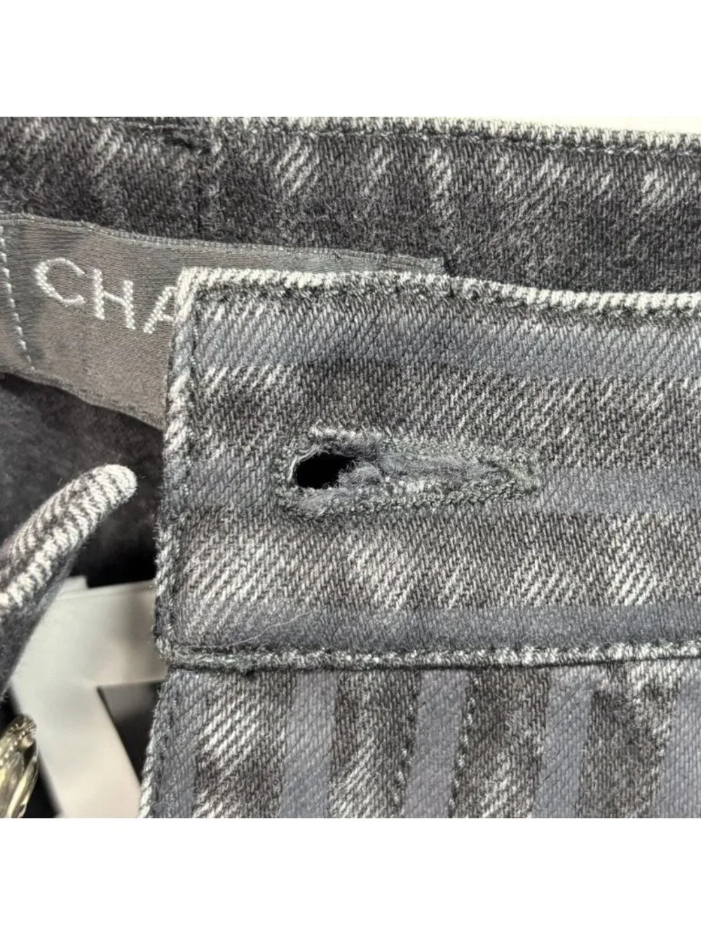 Chanel Denim Pants Striped Jeans CC Logo 34 Black Gold Cotton